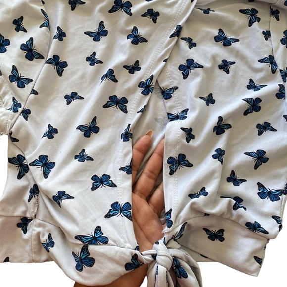 {Bell Tweed} Butterfly Open Back with Tie Closure Cap Sleeve Crop Top - Picture 3 of 5